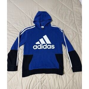 Adidas Boys Hoodie L 14/16 Royal Blue Embroided Logo Kangaroo Pouch Hooded